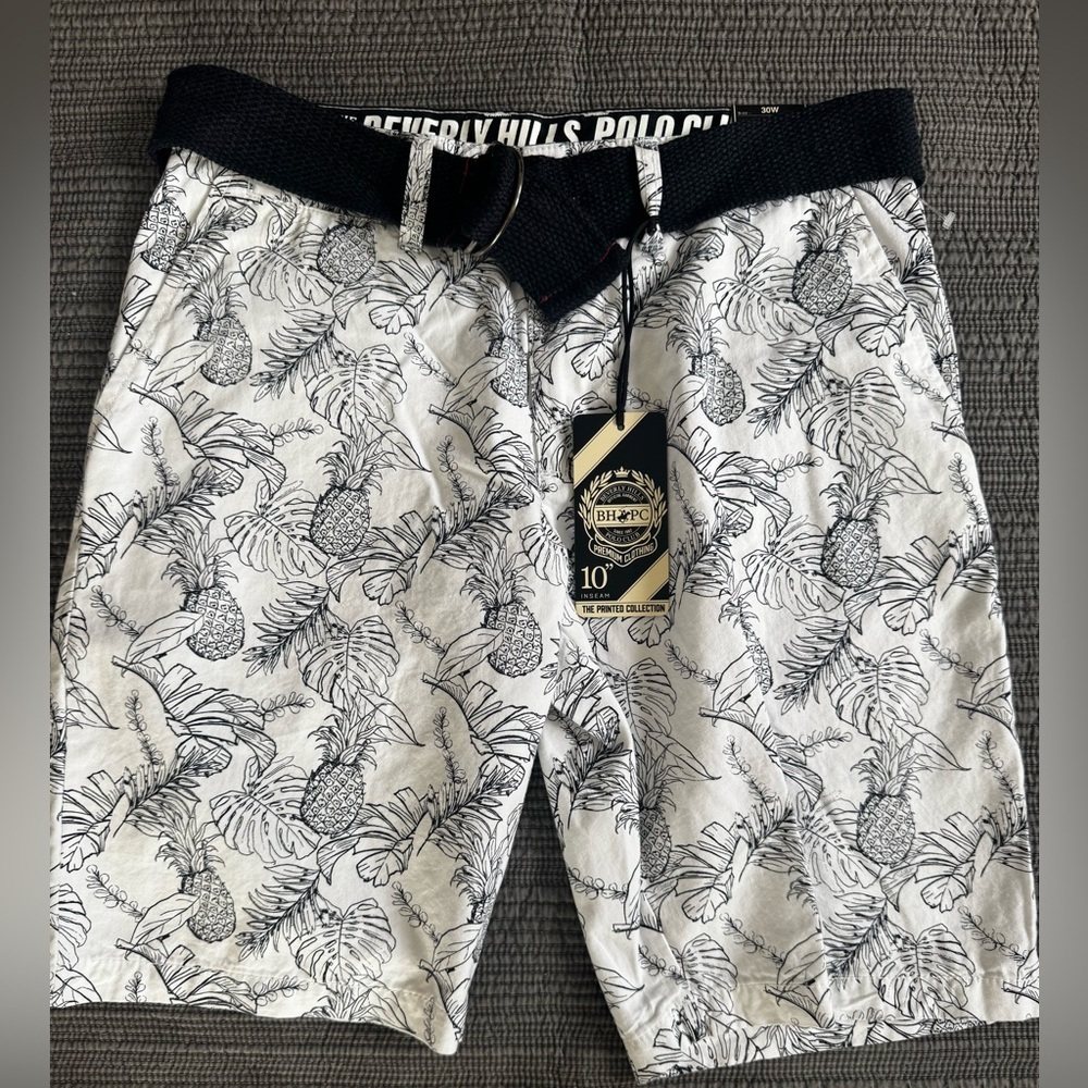 Beverly Hills Polo Club‎ Men’s Shorts 30 Optic White Pineapple Print Belt NWT